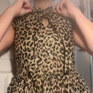 Kate Spade Leopard Print Silk Blend Sparkly Shimmer Ruffle Tie up Blouse